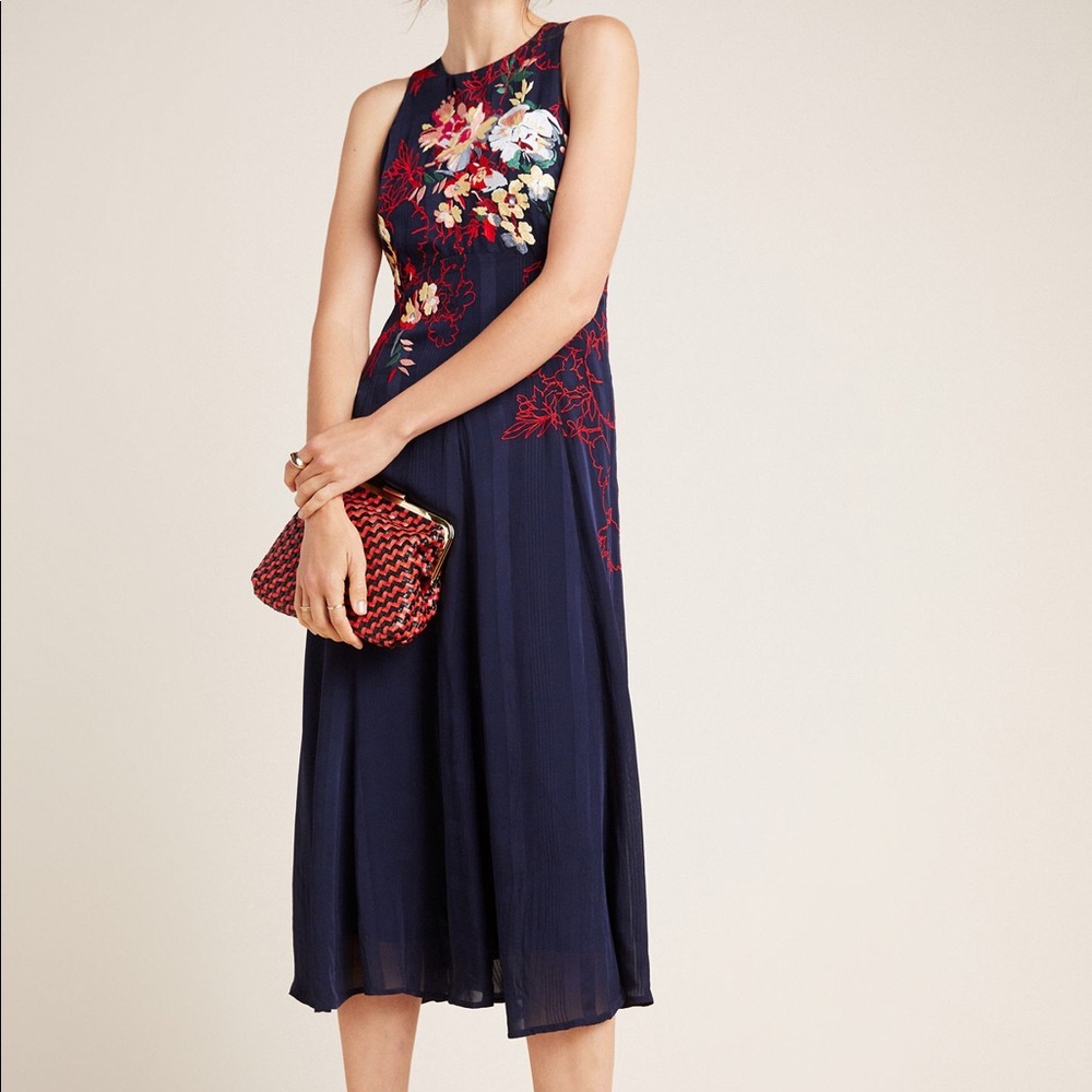 Anthropologie TANZINE EMBROIDERED MIDI DRESS